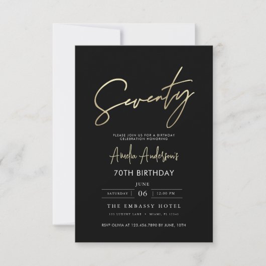 Minimalistisch zwart en goud script 70ste verjaard kaart (Voorkant)