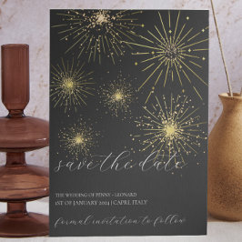 Minimalistisch zwart en goud vuurwerk opslaan de d kaart
