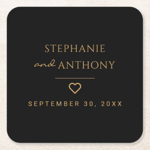 Minimalistisch zwart en gouden hedendaags huwelijk kartonnen onderzetters