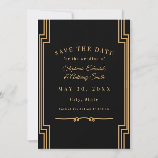 Minimalistisch zwart en gouden kunst Deco Wedding Save The Date (Voorkant)