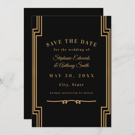 Minimalistisch zwart en gouden kunst Deco Wedding Save The Date (Voorkant / Achterkant)