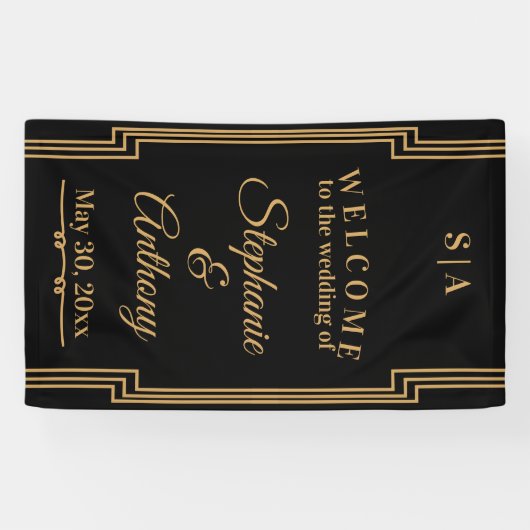 Minimalistisch zwart en gouden kunst Deco Wedding Spandoek (Horizontaal)