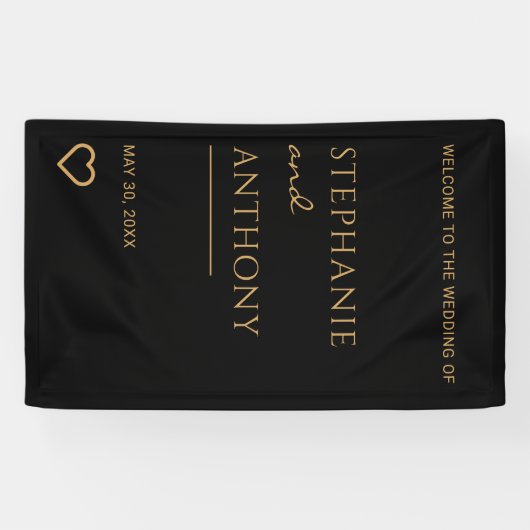 Minimalistisch zwart en goudhartmodern huwelijk spandoek (Horizontaal)