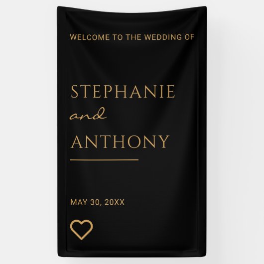 Minimalistisch zwart en goudhartmodern huwelijk spandoek (Verticaal)