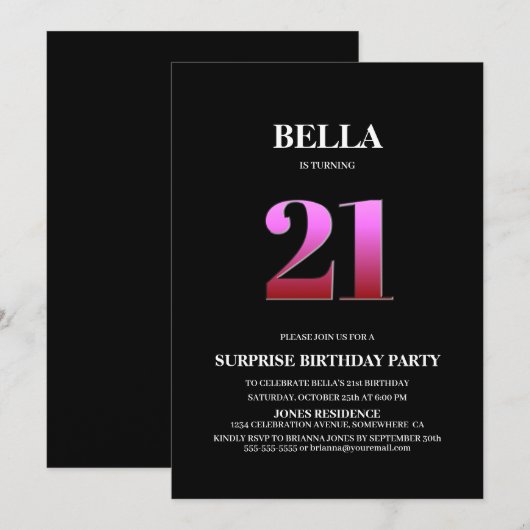 Minimalistisch zwart en roze verrassingsjaar 21ste kaart (Voorkant / Achterkant)