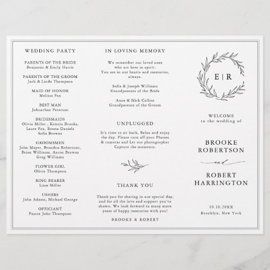 Minimalistisch zwart en wit blad bruiloft programm (Voorkant)