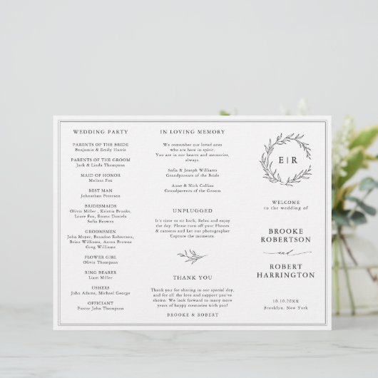 Minimalistisch zwart en wit blad bruiloft programm (Staand voorkant)