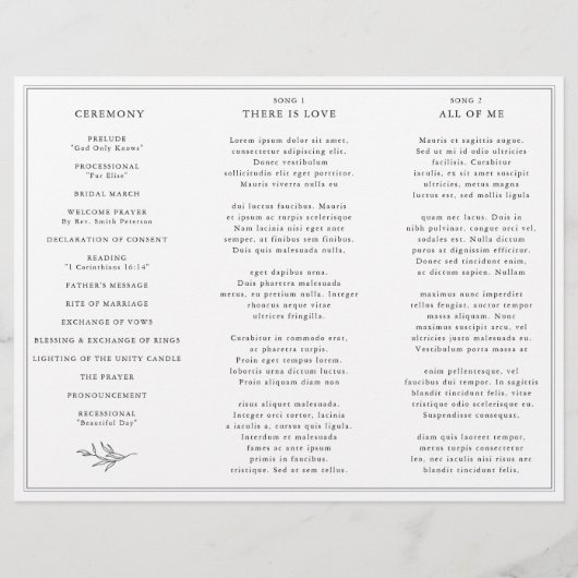 Minimalistisch zwart en wit blad bruiloft programm (Achterkant)