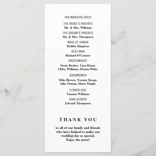 Minimalistisch - zwart en wit - bruiloft programmakaart (Achterkant)