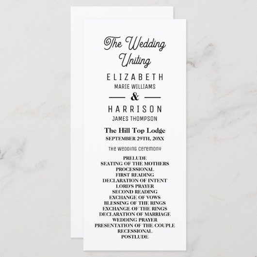 Minimalistisch - zwart en wit - bruiloft programmakaart (Voorkant / Achterkant)