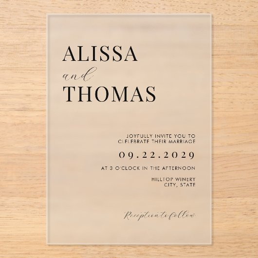 Minimalistisch zwart en wit modern huwelijk acryl uitnodigingen (Voorkant)