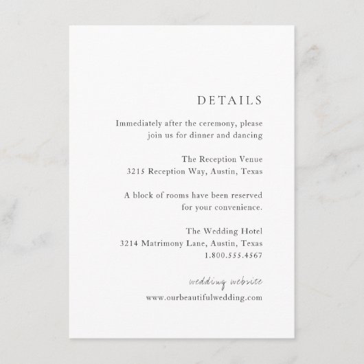 Minimalistisch zwart en wit modern huwelijk informatiekaartje (Voorkant)