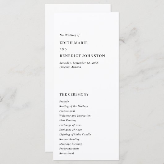 Minimalistisch zwart en wit modern huwelijk programmakaart (Voorkant / Achterkant)