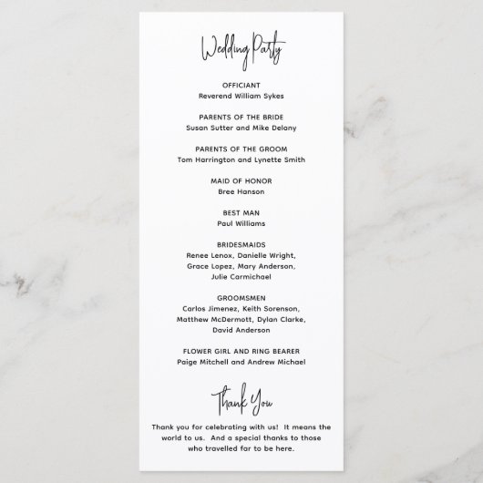 Minimalistisch zwart en wit modern huwelijk programmakaart (Achterkant)