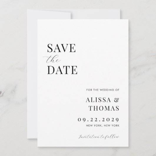 Minimalistisch zwart en wit modern huwelijk save the date (Voorkant)