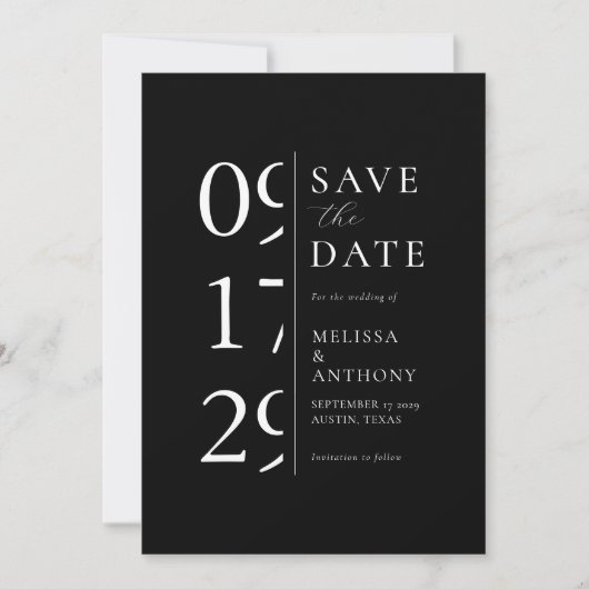 Minimalistisch zwart en wit modern huwelijk save the date (Voorkant)
