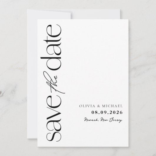 Minimalistisch zwart en wit modern huwelijk save the date (Voorkant)