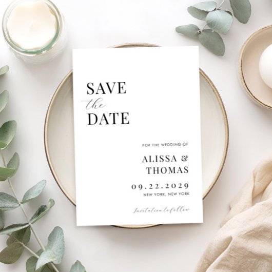 Minimalistisch zwart en wit modern huwelijk save the date