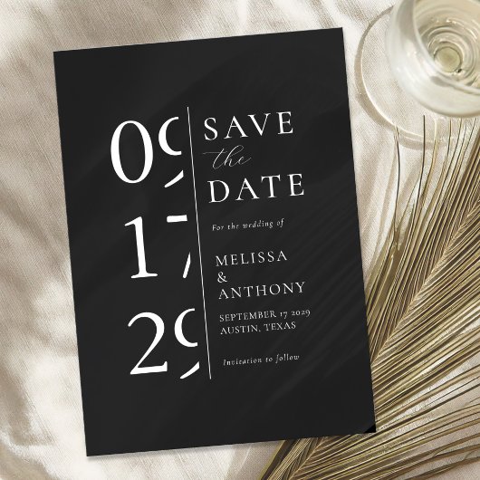 Minimalistisch zwart en wit modern huwelijk save the date