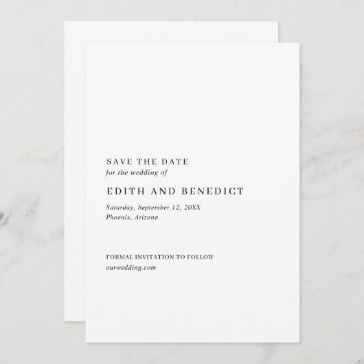 Minimalistisch zwart en wit modern huwelijk save the date (Voorkant / Achterkant)