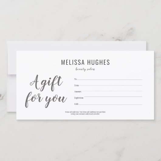 Minimalistisch zwart en wit script cadeaubon (Voorkant)