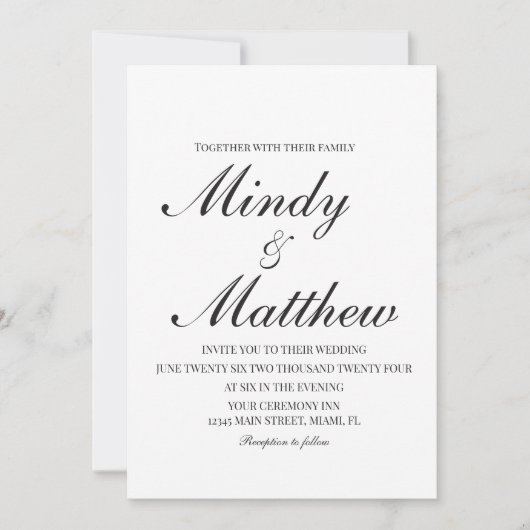 Minimalistisch Zwart en Wit Script Trouwen Kaart (Voorkant)