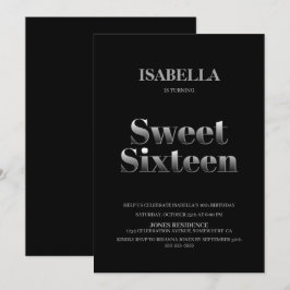 Minimalistisch zwart en zilver Sweet 16 zaterdag Kaart