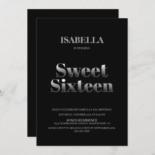 Minimalistisch zwart en zilver Sweet 16 zaterdag Kaart