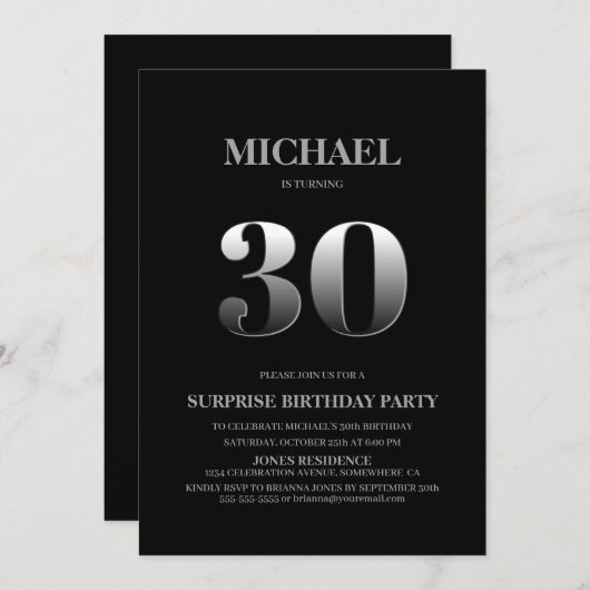 Minimalistisch zwart en zilver verrassend, 30ste v kaart (Voorkant / Achterkant)