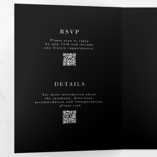 Minimalistisch zwart Foto QR Code RSVP bruiloft Drieluik Uitnodiging (Binnenzijde eerst)