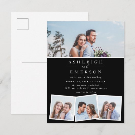 Minimalistisch zwart-fotocollage huwelijk uitnodiging briefkaart (Voorkant / Achterkant)