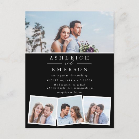 Minimalistisch zwart-fotocollage huwelijk uitnodiging briefkaart (Voorkant)