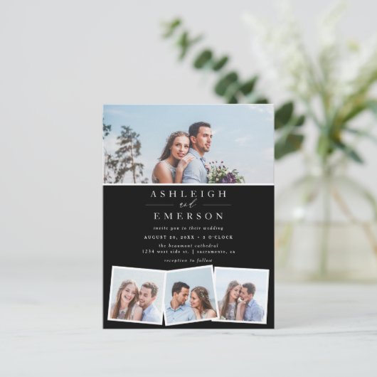 Minimalistisch zwart-fotocollage huwelijk uitnodiging briefkaart (Staand voorkant)