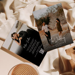 Minimalistisch zwart fotoscript QR code bruiloft Kaart