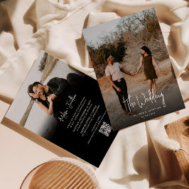 Minimalistisch zwart fotoscript QR code bruiloft Kaart