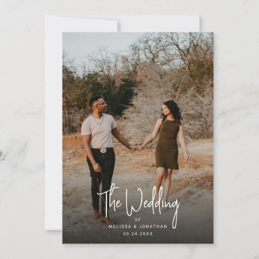 Minimalistisch zwart fotoscript QR code bruiloft Kaart (Voorkant)