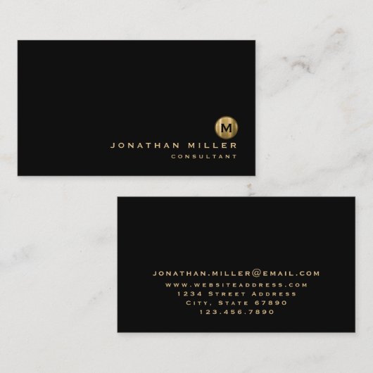 Minimalistisch zwart geborsteld goudmonogram visitekaartje (Voorkant / Achterkant)