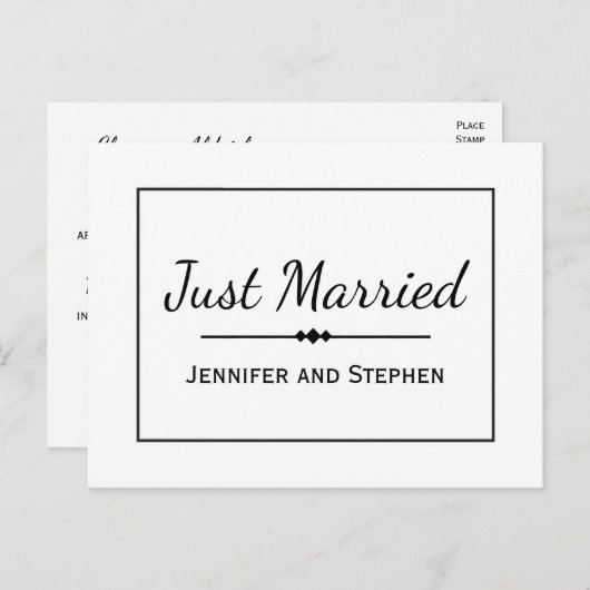 Minimalistisch zwart gewoon gehuwd huwelijk aankon aankondigingskaart (Voorkant / Achterkant)