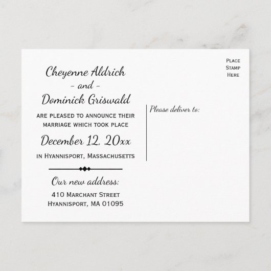 Minimalistisch zwart gewoon gehuwd huwelijk aankon aankondigingskaart (Achterkant)