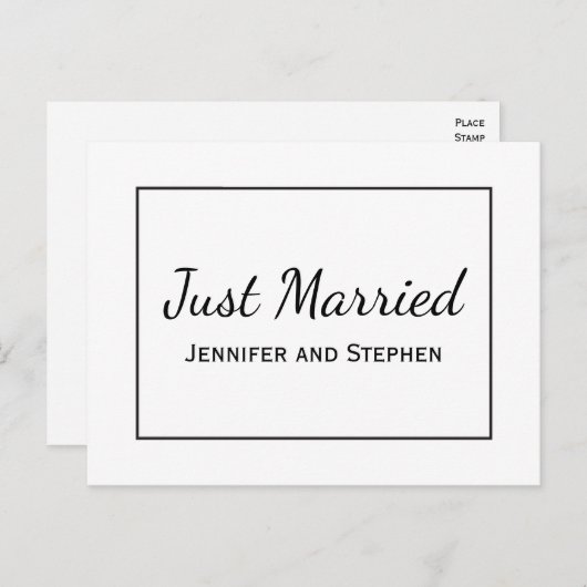 Minimalistisch zwart gewoon gehuwd huwelijk aankon aankondigingskaart (Voorkant / Achterkant)