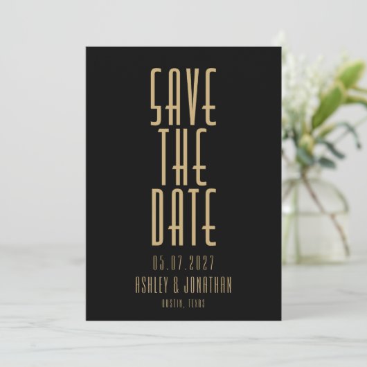 Minimalistisch zwart goud Art Deco bruiloft Save The Date (Staand voorkant)