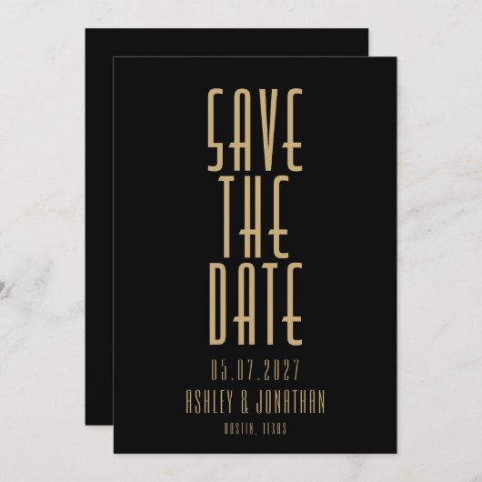Minimalistisch zwart goud Art Deco bruiloft Save The Date (Voorkant / Achterkant)