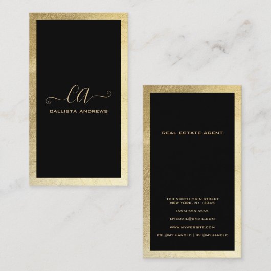 Minimalistisch zwart goud folie border monogram visitekaartje (Voorkant / Achterkant)