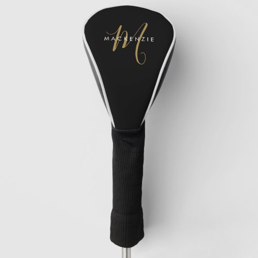Minimalistisch zwart-goud-script monogram golfheadcover (Voorkant)