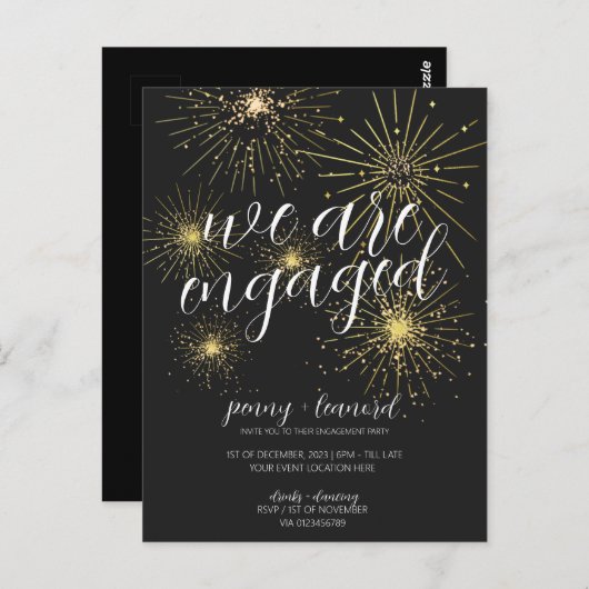 Minimalistisch zwart goud vuurwerk verlovingsfeest briefkaart (Voorkant / Achterkant)