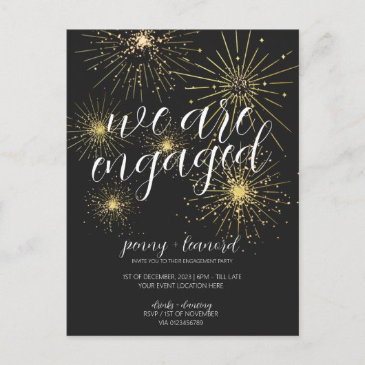 Minimalistisch zwart goud vuurwerk verlovingsfeest briefkaart (Voorkant)