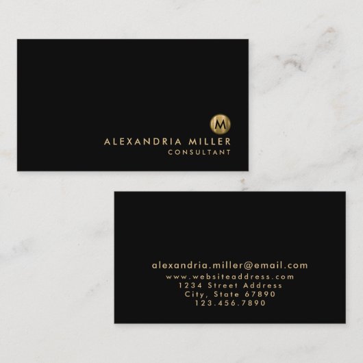 Minimalistisch zwart goudmonogram visitekaartje (Voorkant / Achterkant)