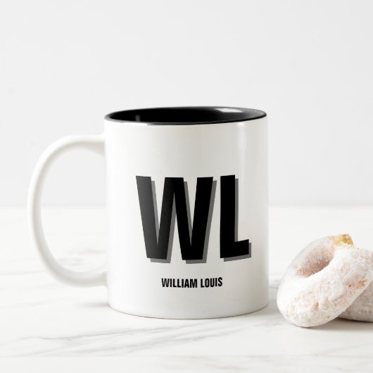 Minimalistisch zwart-grijs gepersonaliseerd monogr tweekleurige koffiemok (Met donut)