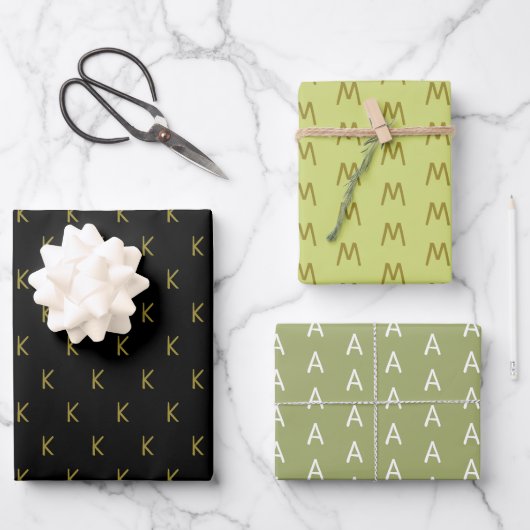 Minimalistisch zwart groen en goud monogram inpakpapier vel (Voorkant)