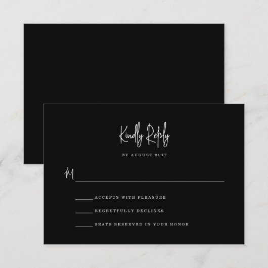 Minimalistisch zwart handgeschreven script bruilof RSVP kaartje (Voorkant / Achterkant)